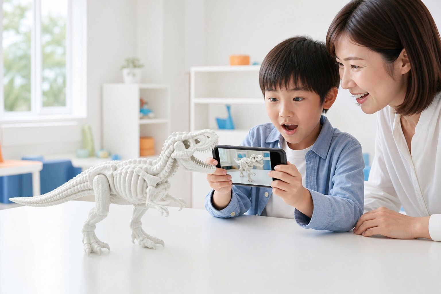 スマホをかざしてARで作品を机の上に見る親子