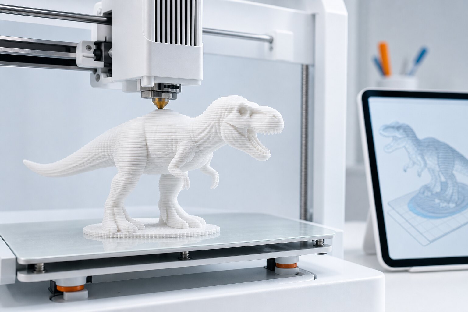 3Dプリンターが作品を造形し、タブレットにスライスのプレビューが表示されている