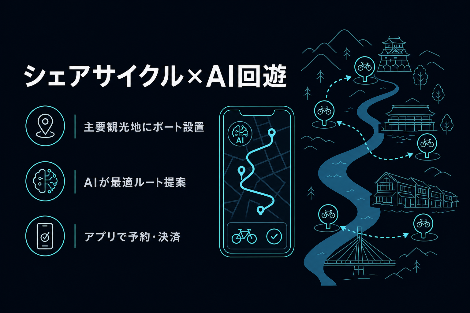 複数の観光地にあるシェアサイクルポートと、スマホアプリがルートを提案しているイラスト